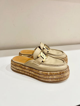 Tods Kate Leather/Raffia Slip On Platform Mules Slippers Natural Women's EU 38