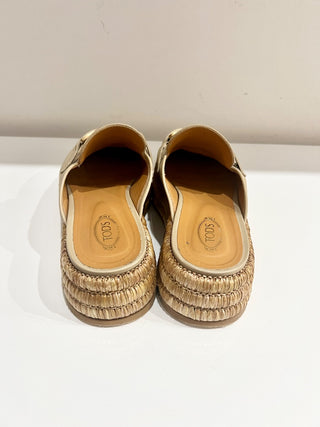 Tods Kate Leather/Raffia Slip On Platform Mules Slippers Natural Women's EU 38