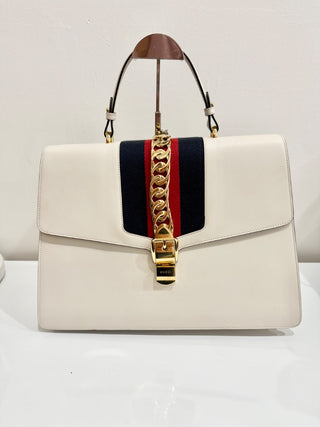 Gucci Large Sylvie 1969 Leather Handbag with Removable Strap White