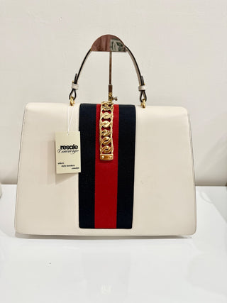 Gucci Large Sylvie 1969 Leather Handbag with Removable Strap White