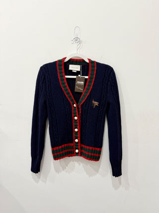 Gucci 100% Wool Cable Knit Cardigan Sweater with Pearl GG Buttons Navy Women's S