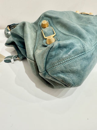 Balenciaga Classic Gold Studs Large Leather Shoulder Handbag Turquoise