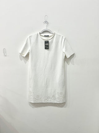 Zara Faux Suede Short Sleeve Eyelet Detail Shift Mini Dress White Women's Small