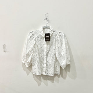 Zara Puff Sleeve Button-Front Shirt with Perforated Embroidery White Women's XS