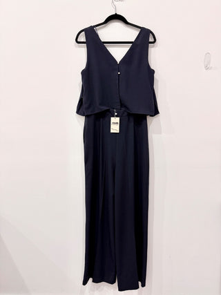 Zara Sleeveless Layered Crepe One Piece Jumpsuit Navy Blue Women's Size Large