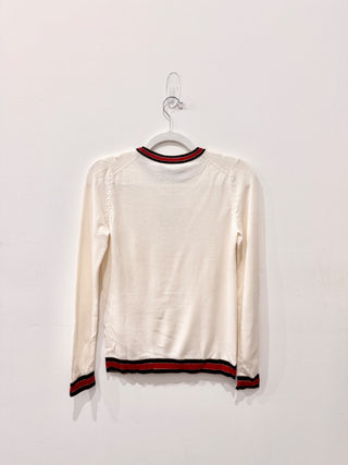 Gucci Wool Lurex Web Trim Crew Neck Pullover Sweater Cream Women's Size Small