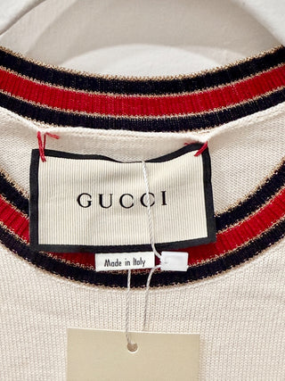 Gucci Wool Lurex Web Trim Crew Neck Pullover Sweater Cream Women's Size Small