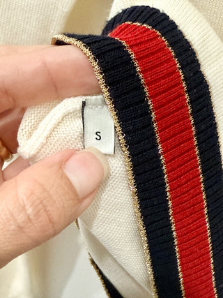 Gucci Wool Lurex Web Trim Crew Neck Pullover Sweater Cream Women's Size Small