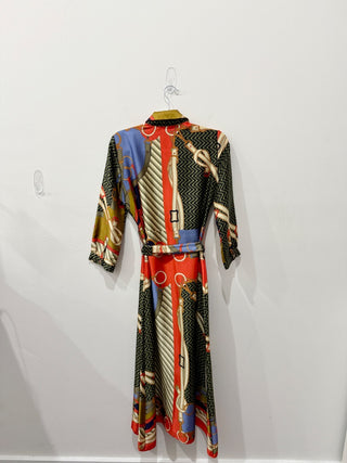 Zara Satin Scarf-Print 3/4 Sleeve Tie Waist Midi Shirt Dress Multi Women's Size XS