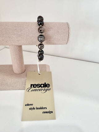 Woven Cord Round Pyrite Beaded Bracelet Obsidian Black Women's