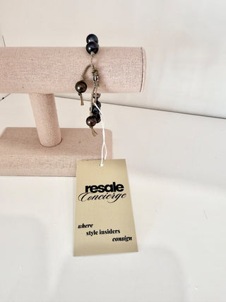 Woven Cord Round Pyrite Beaded Bracelet Obsidian Black Women's