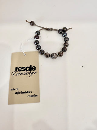 Woven Cord Round Pyrite Beaded Bracelet Obsidian Black Women's