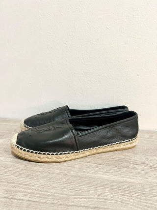 Saint Laurent Cassandre Logo-Embossed Leather Espadrilles Flat Black Women EU 39