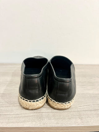 Saint Laurent Cassandre Logo-Embossed Leather Espadrilles Flat Black Women EU 39