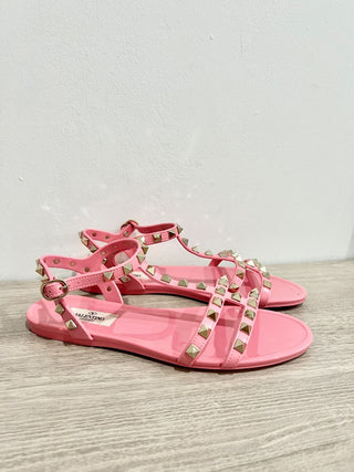 Valentino Garavani Rockstud Flat Rubber Gladiator Sandals Sweet Pink Women EU 36