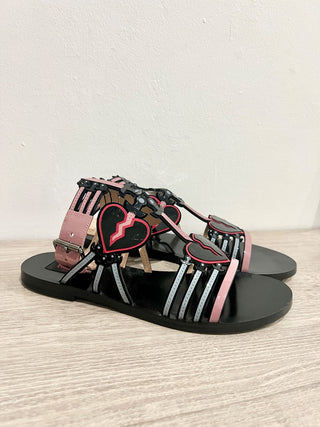 Valentino’s Loveblade Patent Leather Ankle Strap Flat Sandals Black/Pink EU 36