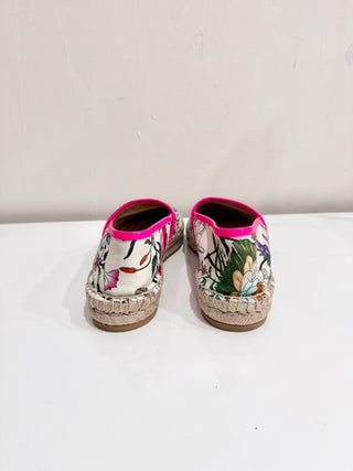 Gucci Flora Print Leather-Trimmed Canvas Espadrilles Shoes White Women's Size 39