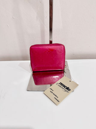 Louis Vuitton pink patent leather embossed small zip wallet