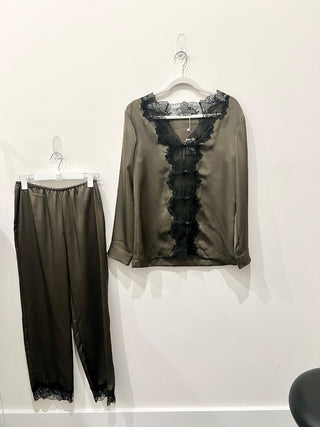 Zara satin lace trim set: blouse and pants, S