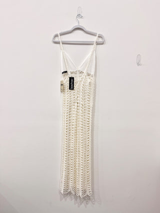 boohoo Open Crochet Split Leg Beach Cover-Up Maxi Dress White Women's Size Small