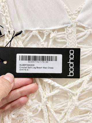 boohoo Open Crochet Split Leg Beach Cover-Up Maxi Dress White Women's Size Small