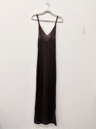 Boa Crochet Knit Plunging V-Neck Cami Maxi Dress Carob Brown Women's Size XS