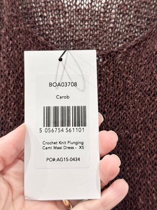 Boa Crochet Knit Plunging V-Neck Cami Maxi Dress Carob Brown Women's Size XS