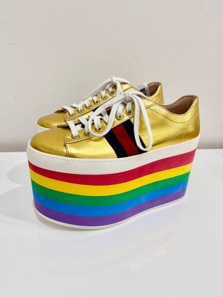 Gucci Metallic Nappa Peggy Rainbow Platform Sneaker Shoes Gold Women's Size 36.5