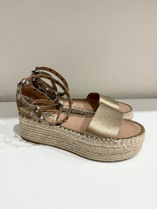 Valentino Rockstud Metallic Leather Platform Espadrille Sandals Gold Women EU 39