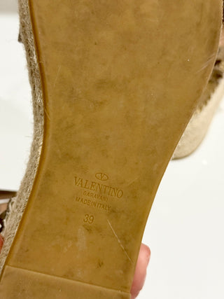 Valentino Rockstud Metallic Leather Platform Espadrille Sandals Gold Women EU 39