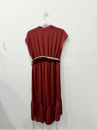NWT Zara Cap Sleeve Belted Tiered A-Line Midi Dress Terracotta Womens Size Large