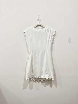 Linen Sleeveless Scalloped Button-Front Shift Mini Dress White Women's Medium