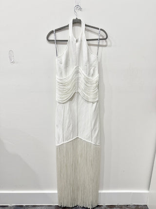 NWT Herve Leger Draped Waist Halter Fringe Gown Alabaster Women's Size Medium