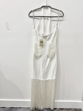 NWT Herve Leger Draped Waist Halter Fringe Gown Alabaster Women's Size Medium