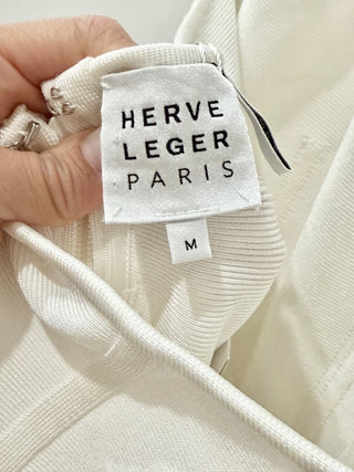 NWT Herve Leger Draped Waist Halter Fringe Gown Alabaster Women's Size Medium