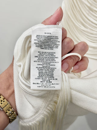 NWT Herve Leger Draped Waist Halter Fringe Gown Alabaster Women's Size Medium