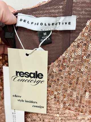 NWT Delfi Collective Hannah Sequin Asymmetric Mini Dress Bronze Women's Medium