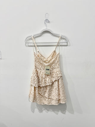 LoveShackFancy Hopely Sleeveless V-Neck Mini Lace Sundress Buttercream Womens 00