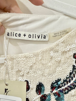 Alice + Olivia Elliott Embellish Beaded Sequin Mini Shift Dress Cream Womens' 4