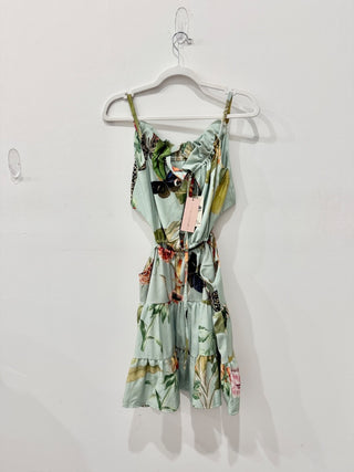 NWT Carolina Pinilla Floral Side Cutout Tiered Mini Dress Green Women's Size M