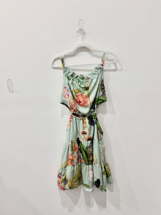 NWT Carolina Pinilla Floral Side Cutout Tiered Mini Dress Green Women's Size M