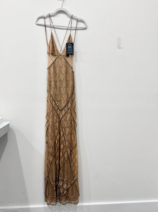 Retrofête Gianni Beaded Geometric Lace Maxi Dress Champagne Women's Size Medium