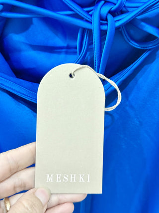 NWT Meshki Sydney Satin Straight Neck Slip Maxi Dress Cobalt Blue Women's Size S
