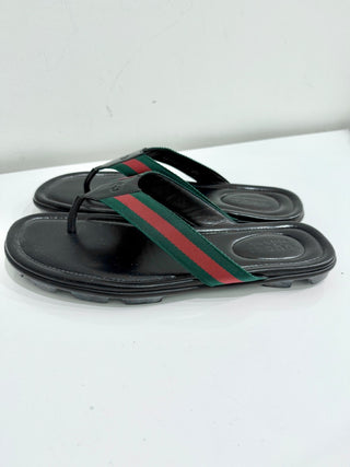Gucci Web Leather Slip On Thong Flip Flop Flat Sandals Black Men's Size US 11.5