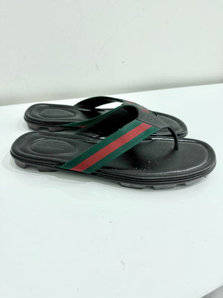 Gucci Web Leather Slip On Thong Flip Flop Flat Sandals Black Men's Size US 11.5