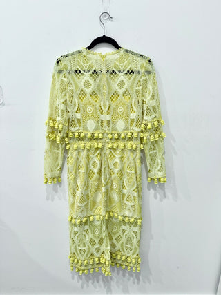 Alexis Callie Embroidered Eyelet Lace Pom-Pom Midi Dress Yellow Women's Large