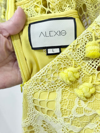 Alexis Callie Embroidered Eyelet Lace Pom-Pom Midi Dress Yellow Women's Large