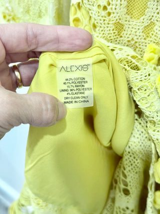 Alexis Callie Embroidered Eyelet Lace Pom-Pom Midi Dress Yellow Women's Large