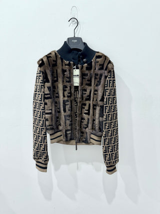 Fendi Knit And Inlaid Mink Fur Zucca Print Crop Bomber Jacket Fogge Womens IT 42 / US 6