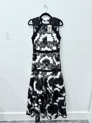 Alexis sleeveless eyelet fit ad flare high low maxi dress, L